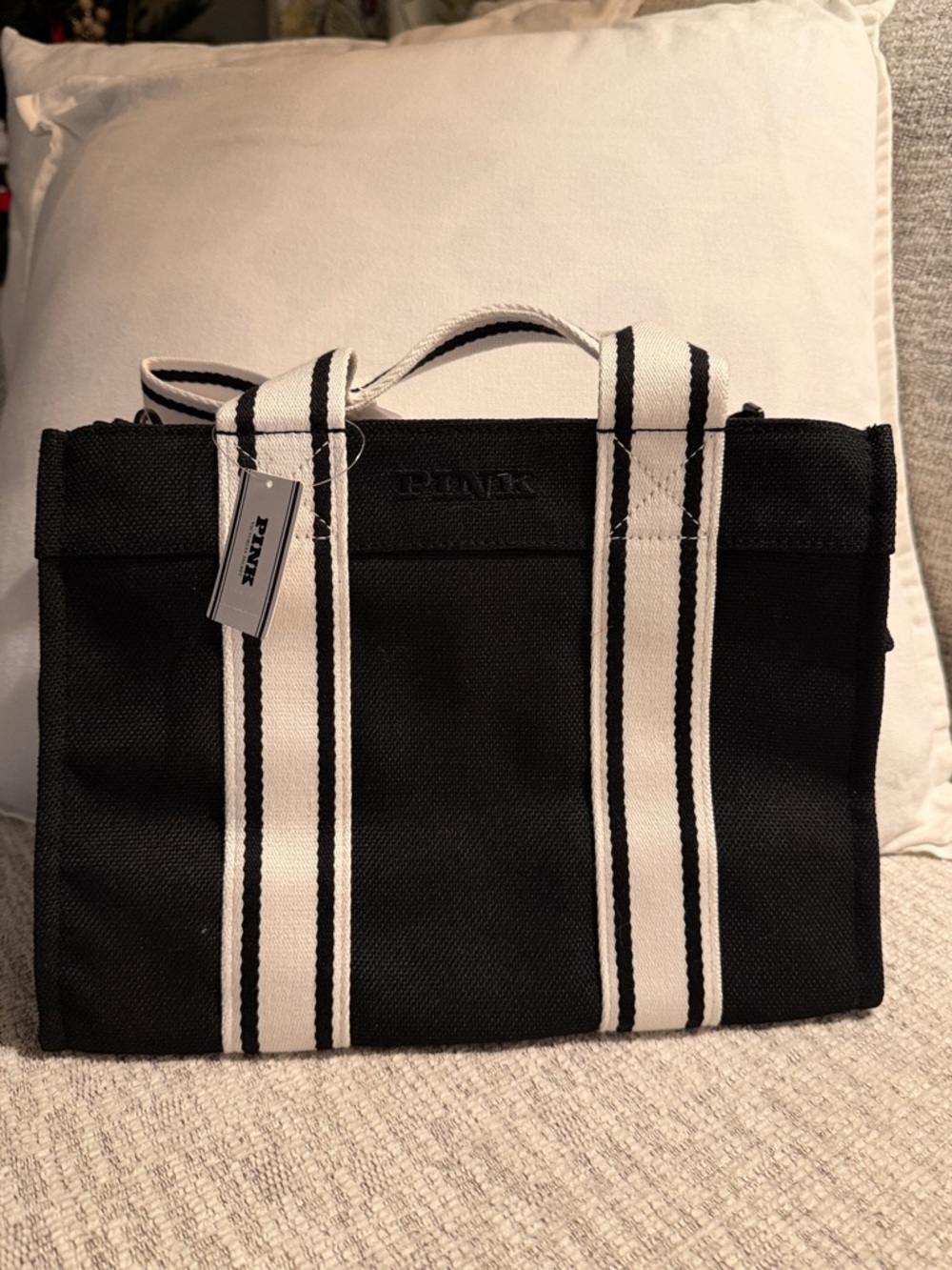 PINK Victoria's Secret Black Canvas Messenger Small Tote w/White Striped Handles
